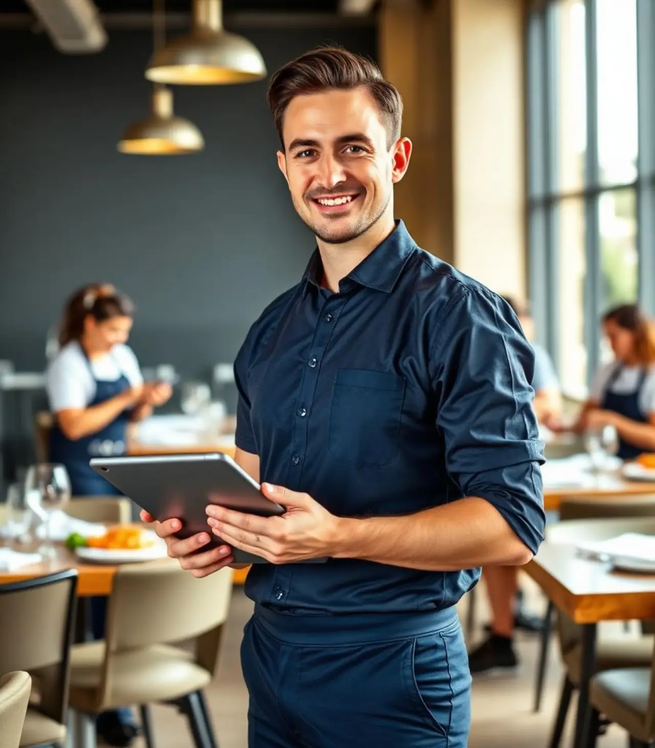 Hospitality manager using a tablet in a restaurant