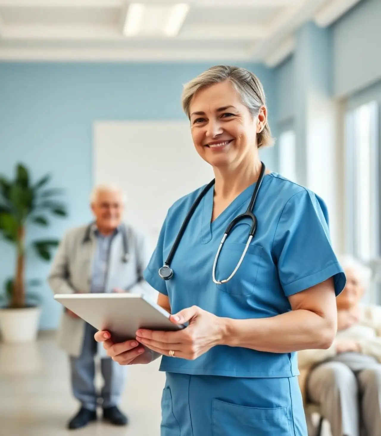 Aged care nurse using a tablet in a care facility