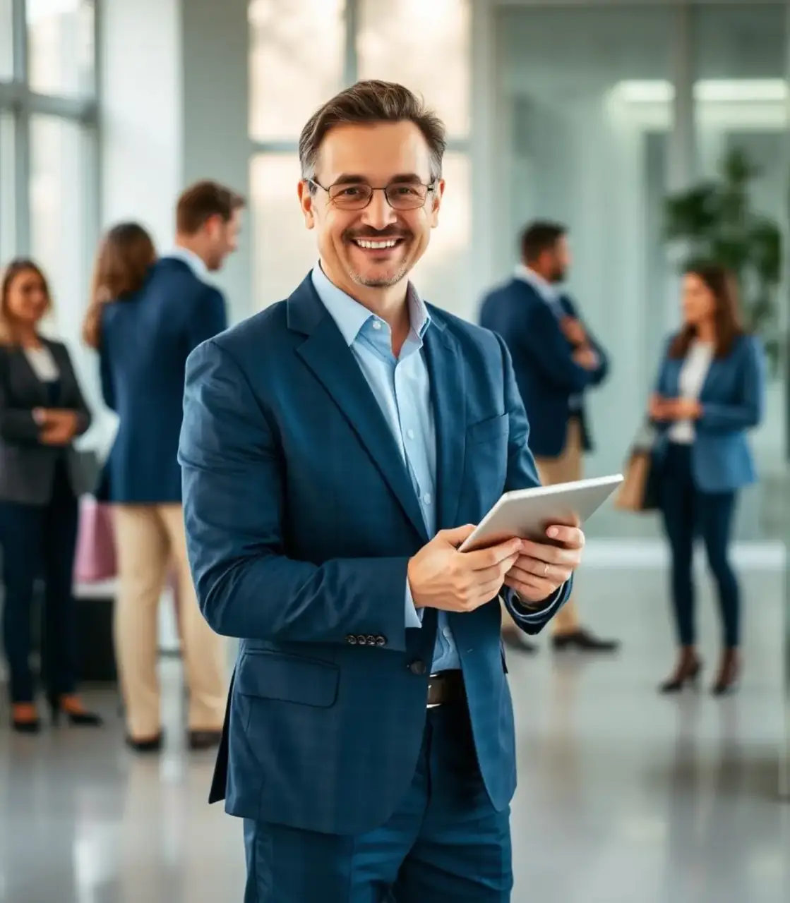 Finance leader using a tablet with colleagues in an office