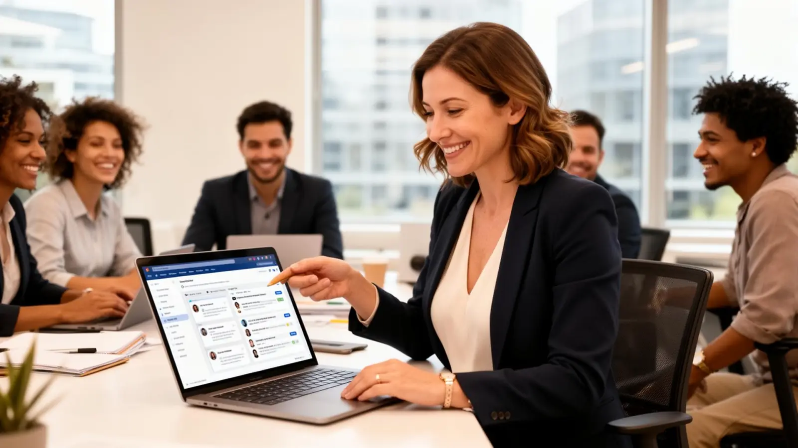 Australian HR manager reviewing recruitment software candidate pipelines with a hiring team