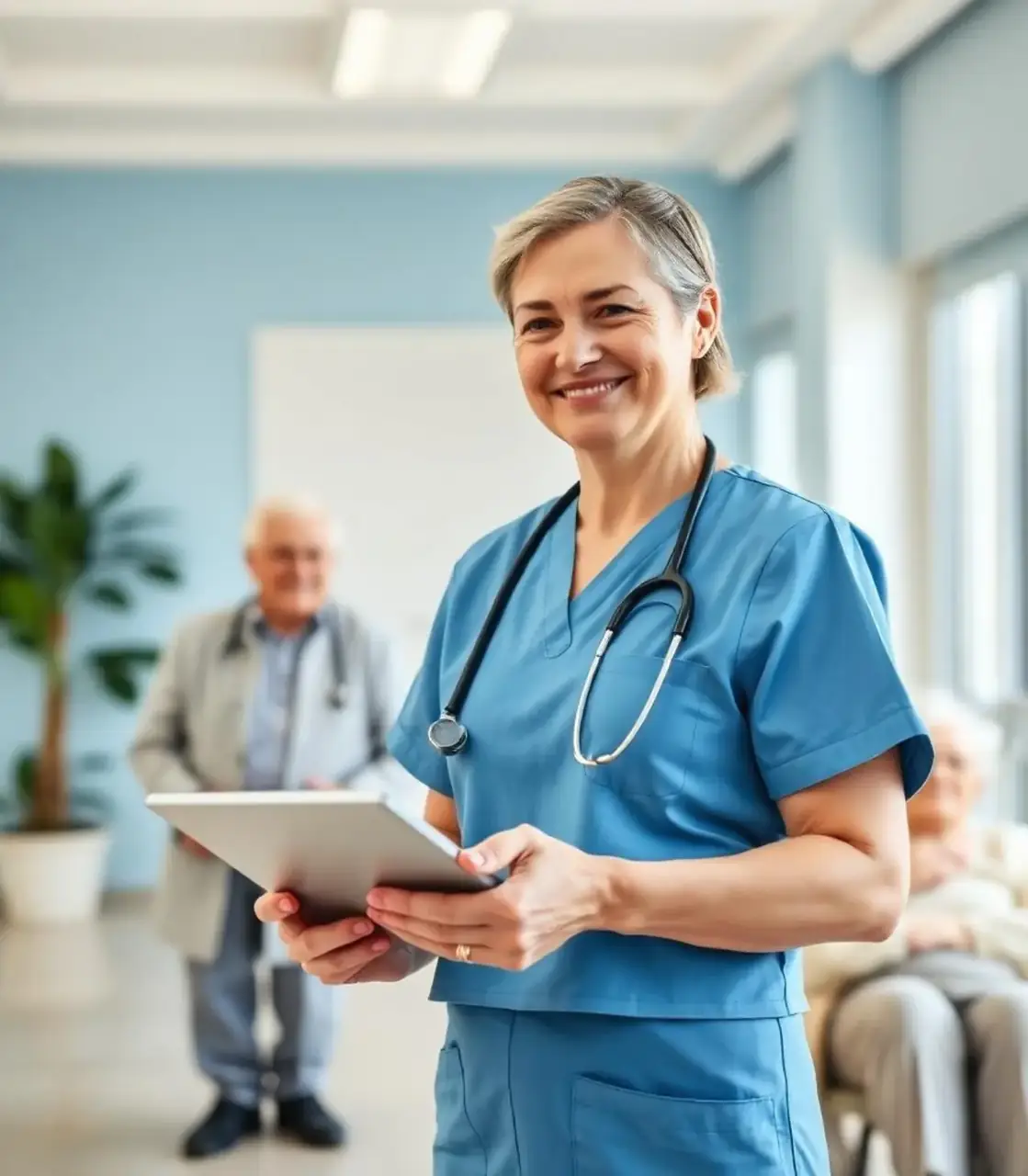 Aged care nurse using a tablet in a care facility