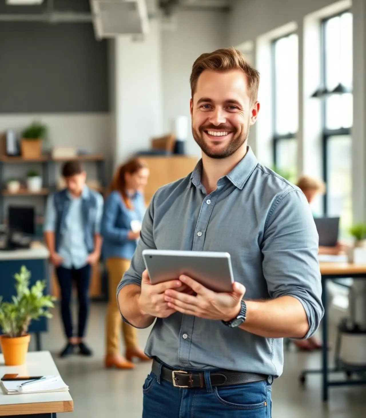 Small-business owner using a tablet with their team