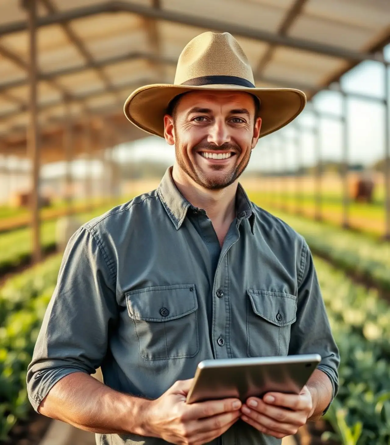 Agricultural operations manager using a tablet on a farm