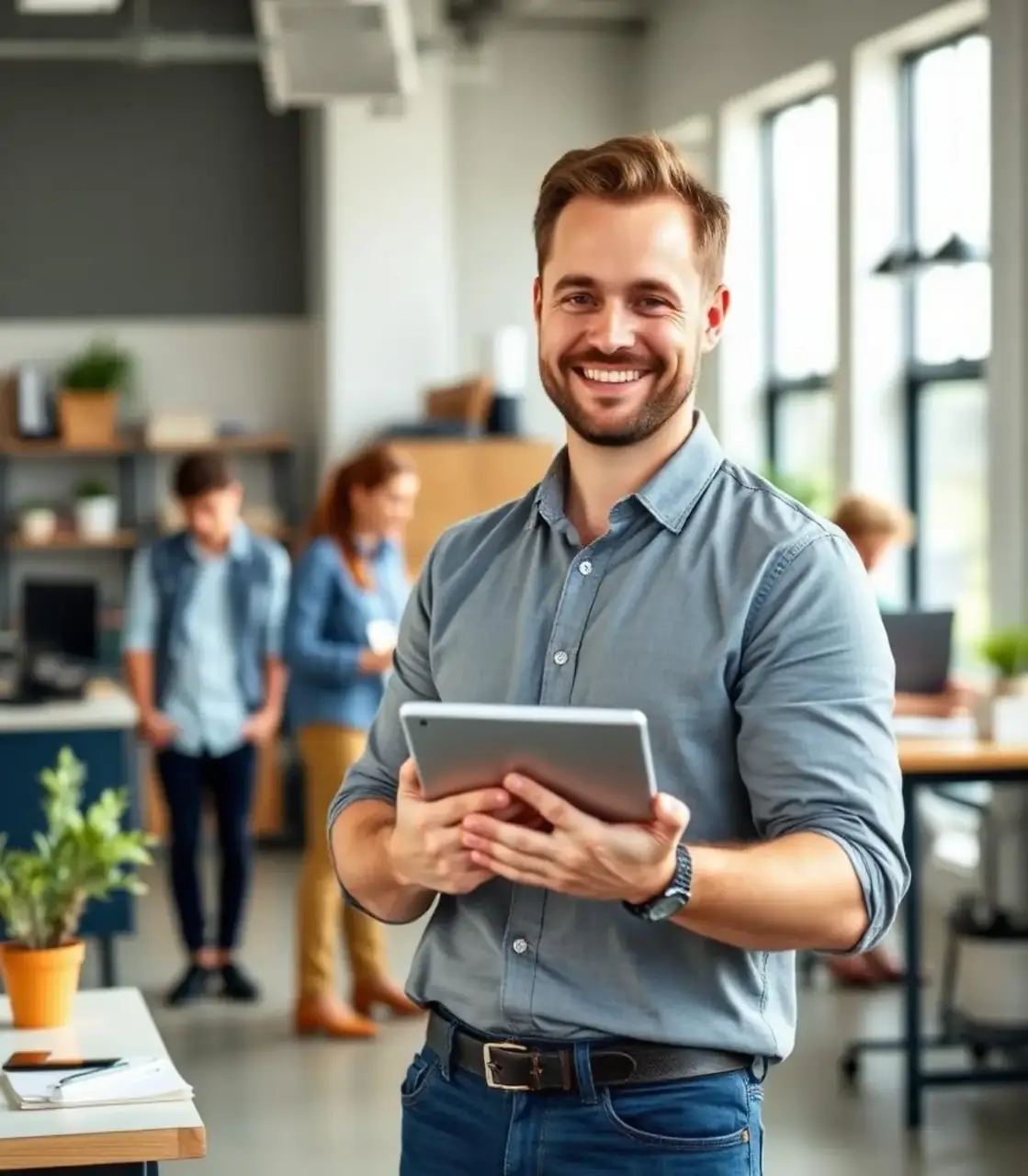 Small-business owner using a tablet with their team