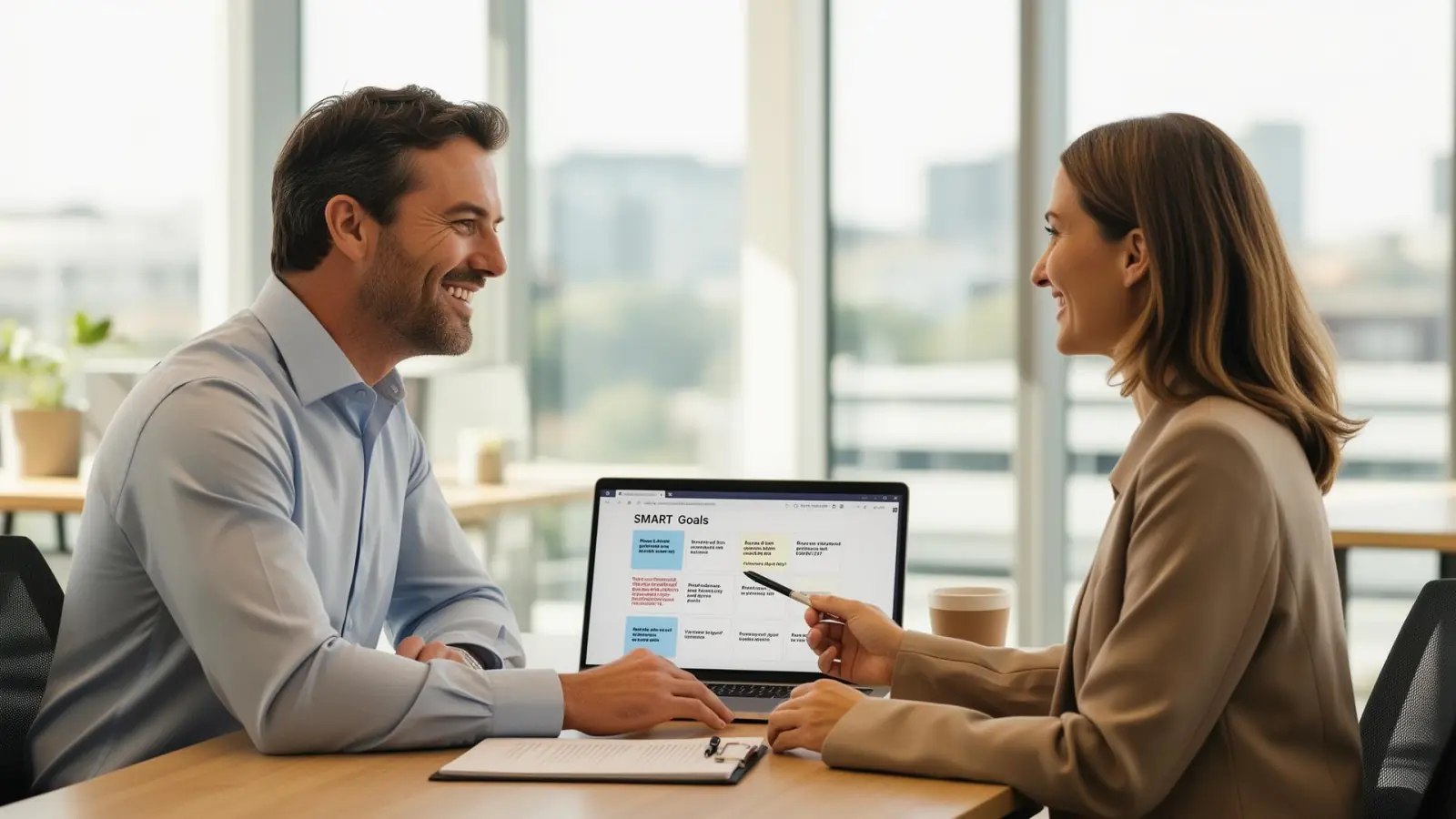 Australian manager and employee writing SMART goals together in a performance review meeting